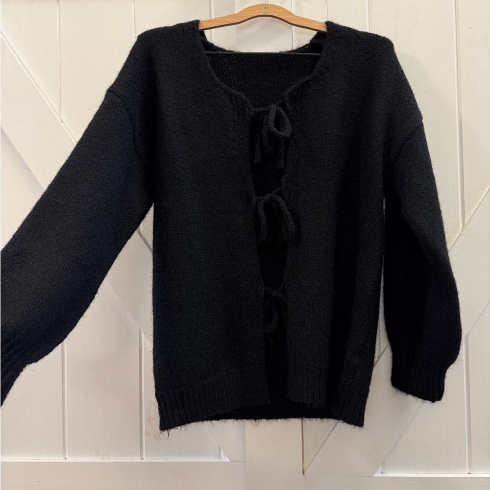 Oversized Cottagecore Tie Front Bow Black Sweater